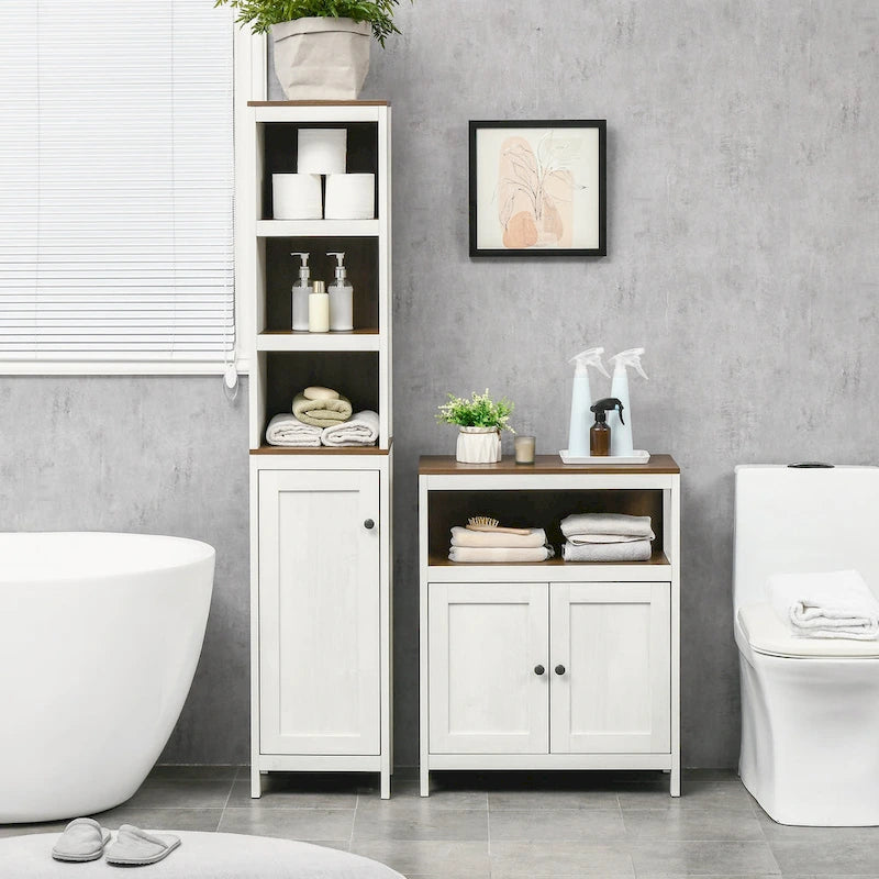 kleankin Tall Bathroom Storage Cabinet, Freestanding Tower Cabinet with 3 Open Shelves and Adjustable Shelf, Antique White
