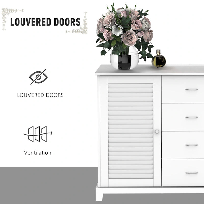 HOMCOM 47 Modern Storage Cabinet Buffet Sideboard with Drawers and Louvered Doors- White - 47.25 W x 15.75 D x 31.5 H