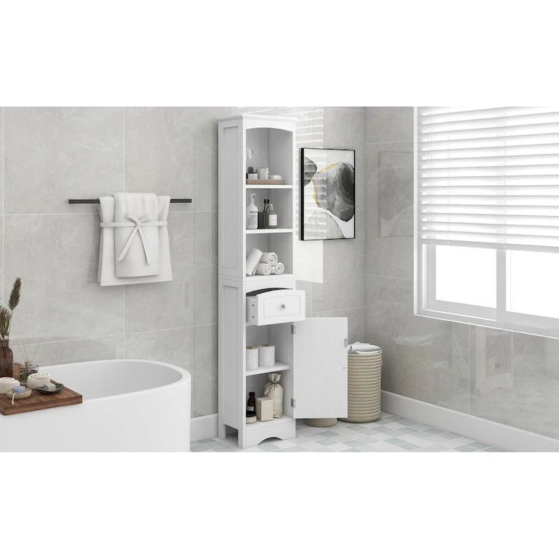 Modern White Bathroom Storage Cabinet with Adjustable Shelf,Drawer - 13.4L x 9.1W x 66.9H