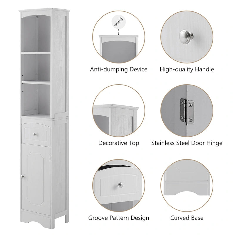 Modern White Bathroom Storage Cabinet with Adjustable Shelf,Drawer - 13.4L x 9.1W x 66.9H