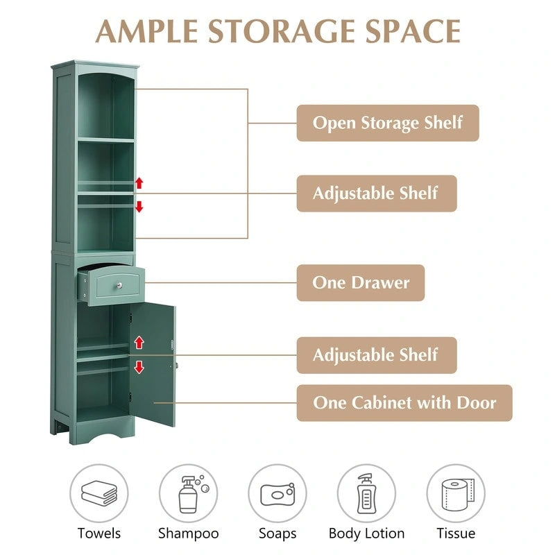 66 H Tall Bathroom Storage Cabinet with Drawer & Adjustable Shelves
