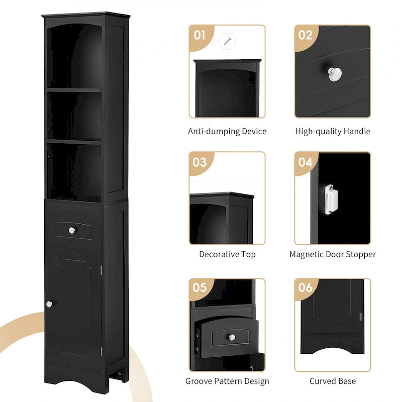 66 H Tall Bathroom Storage Cabinet with Drawer & Adjustable Shelves