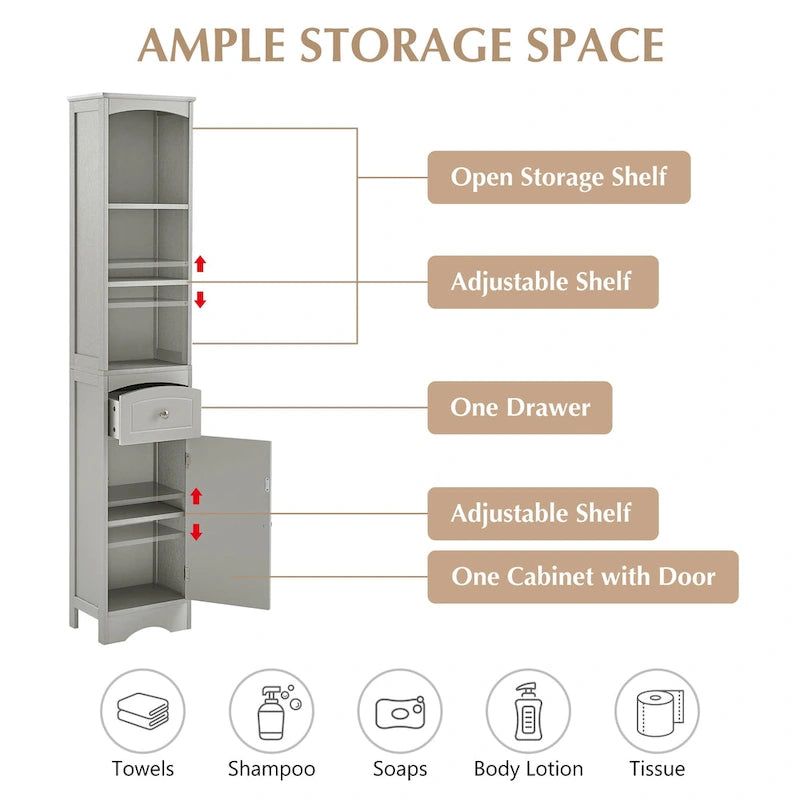 66 H Tall Bathroom Storage Cabinet with Drawer & Adjustable Shelves
