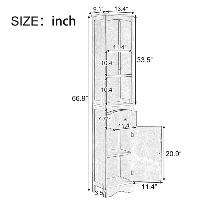 66 H Tall Bathroom Storage Cabinet with Drawer & Adjustable Shelves