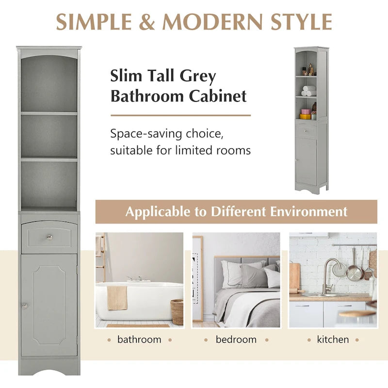 66 H Tall Bathroom Storage Cabinet with Drawer & Adjustable Shelves