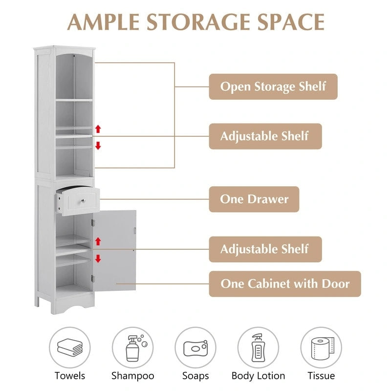 66 H Tall Bathroom Storage Cabinet with Drawer & Adjustable Shelves