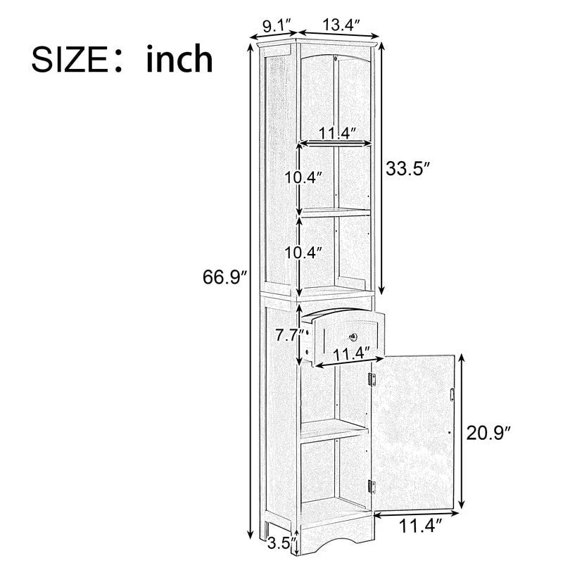 66 H Tall Bathroom Storage Cabinet with Drawer & Adjustable Shelves