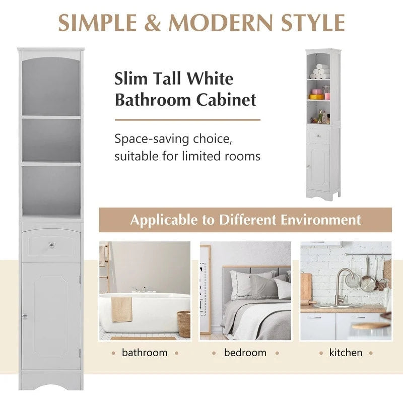 66 H Tall Bathroom Storage Cabinet with Drawer & Adjustable Shelves
