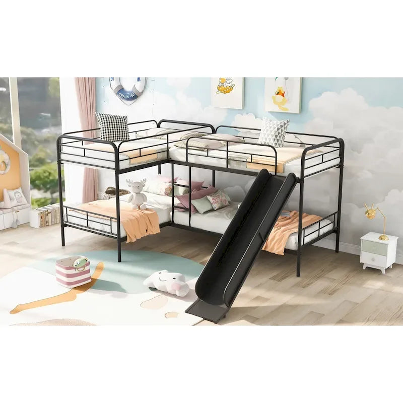 Twin Size L-Shaped Bunk Bed with Slide and Ladder, Black