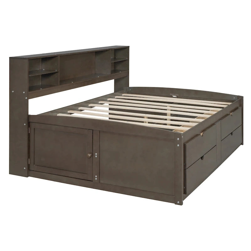 Full Size Wood Daybed with 2 Bedside Cabinets, Upper Shelves and 4 Drawers, Antique Brown