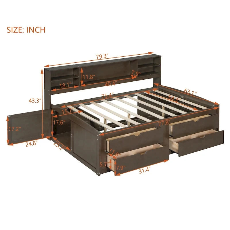Full Size Wood Daybed with 2 Bedside Cabinets, Upper Shelves and 4 Drawers, Antique Brown