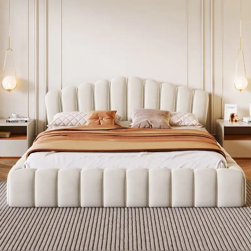 Velvet Upholstered Queen BED Frame Shell-Shaped Headboard for Bedroom,No Box Spring Needed,Beige