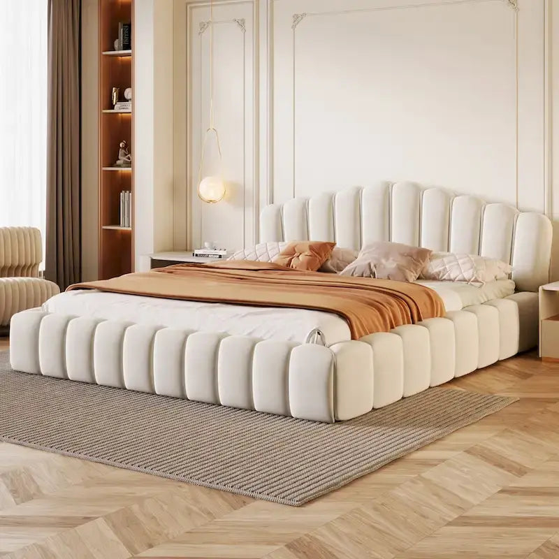 Velvet Upholstered Queen BED Frame Shell-Shaped Headboard for Bedroom,No Box Spring Needed,Beige