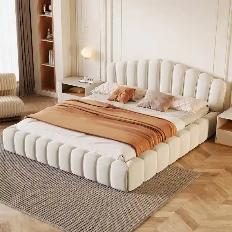 Velvet Upholstered Queen BED Frame Shell-Shaped Headboard for Bedroom,No Box Spring Needed,Beige