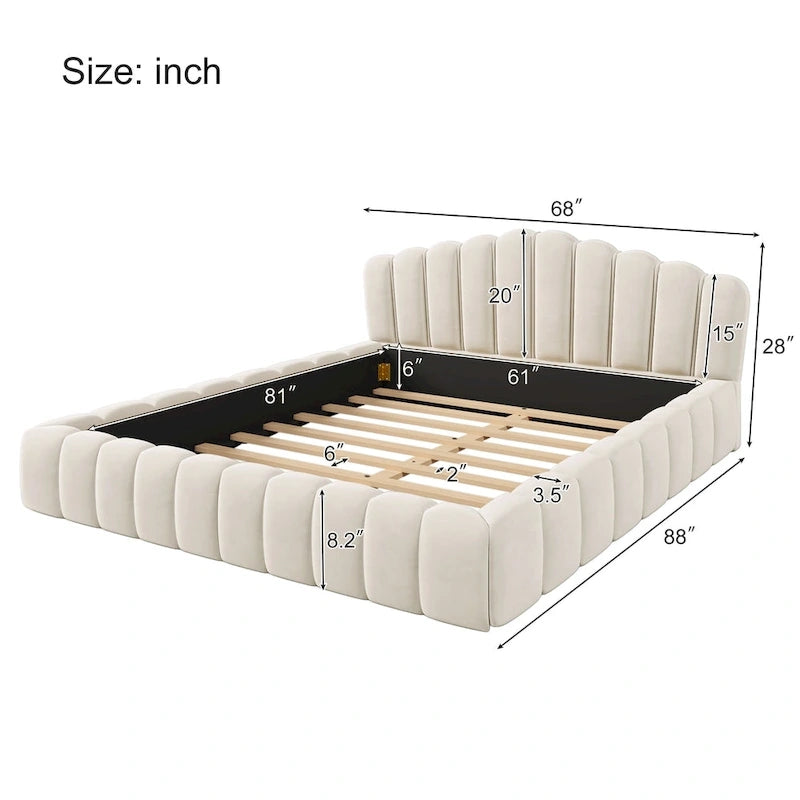 Velvet Upholstered Queen BED Frame Shell-Shaped Headboard for Bedroom,No Box Spring Needed,Beige