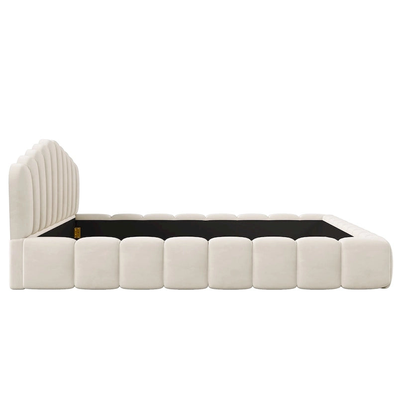Velvet Upholstered Queen BED Frame Shell-Shaped Headboard for Bedroom,No Box Spring Needed,Beige