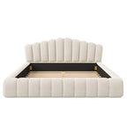 Velvet Upholstered Queen BED Frame Shell-Shaped Headboard for Bedroom,No Box Spring Needed,Beige