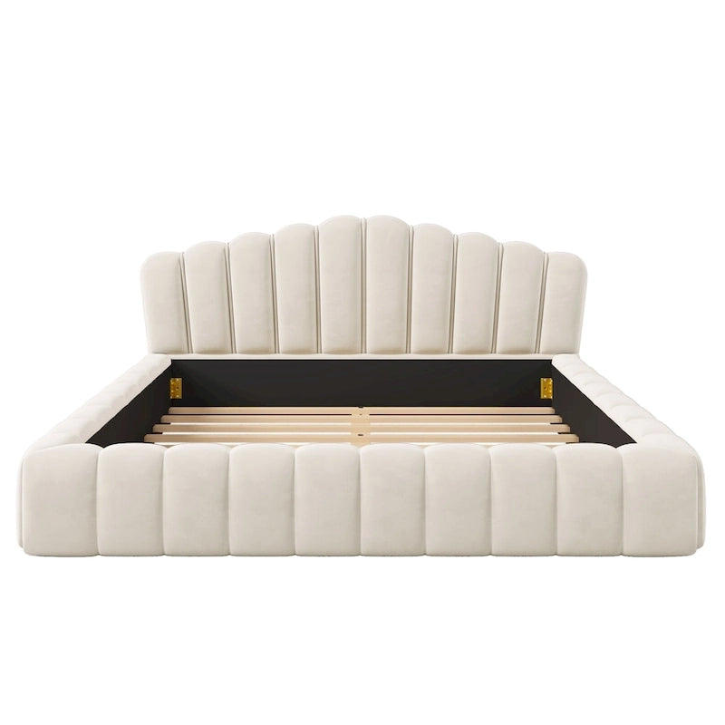 Velvet Upholstered Queen BED Frame Shell-Shaped Headboard for Bedroom,No Box Spring Needed,Beige