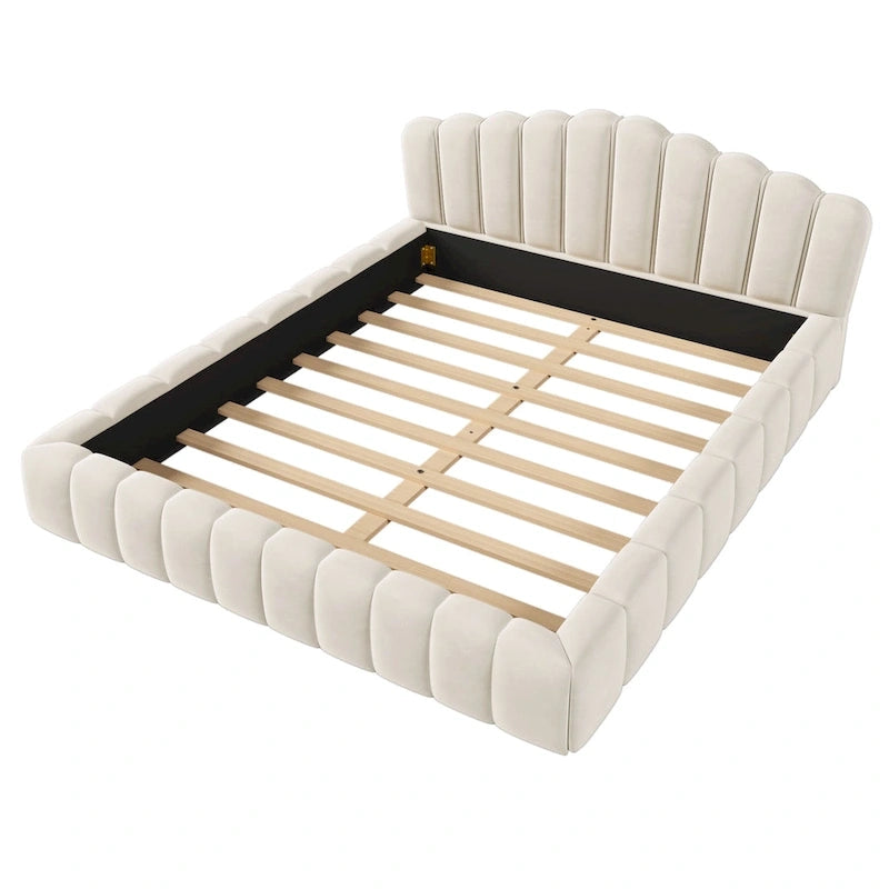 Velvet Upholstered Queen BED Frame Shell-Shaped Headboard for Bedroom,No Box Spring Needed,Beige