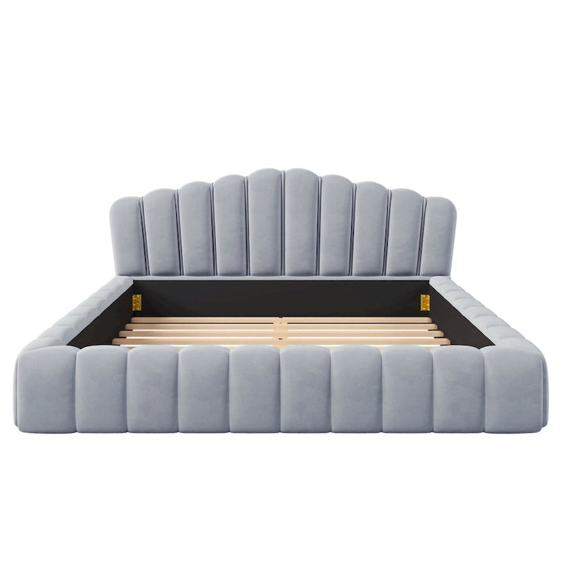 Velvet Upholstered Queen BED Frame Shell-Shaped Headboard for Bedroom,No Box Spring Needed,Beige