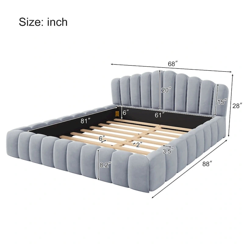 Velvet Upholstered Queen BED Frame Shell-Shaped Headboard for Bedroom,No Box Spring Needed,Beige