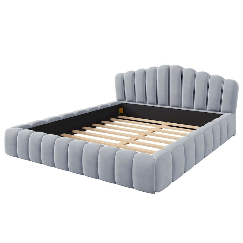 Velvet Upholstered Queen BED Frame Shell-Shaped Headboard for Bedroom,No Box Spring Needed,Beige