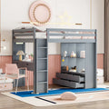 Full Size Loft Bed with large shelves, writing desk and LED Light, Gray
