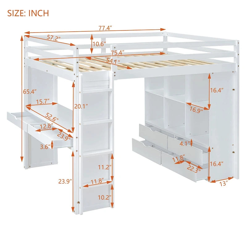 Full Size Loft Bed with large shelves, writing desk and LED Light, Gray