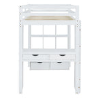 Full Size Loft Bed with large shelves, writing desk and LED Light, Gray