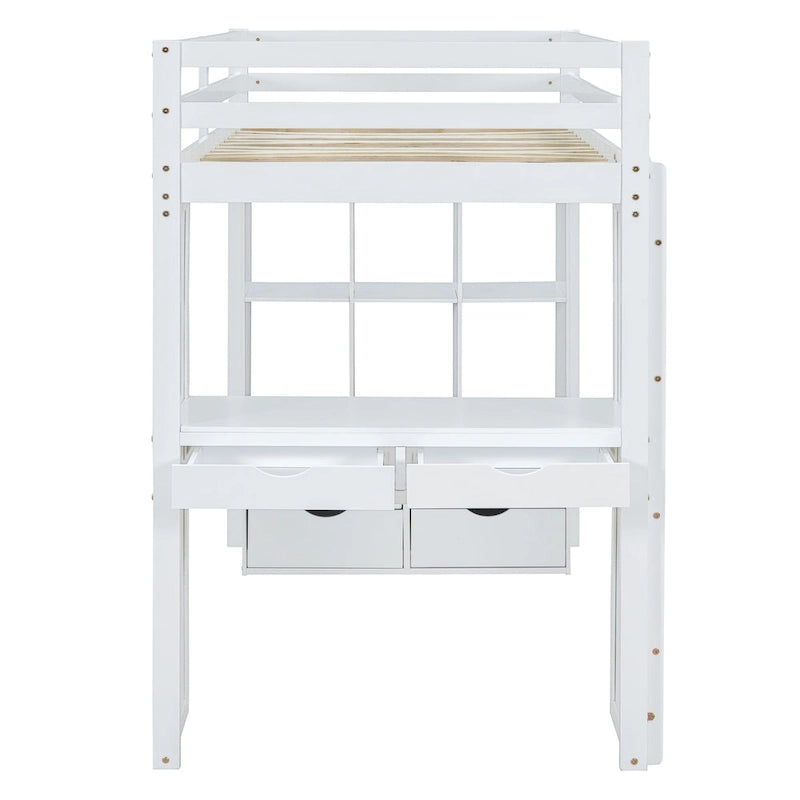 Full Size Loft Bed with large shelves, writing desk and LED Light, Gray