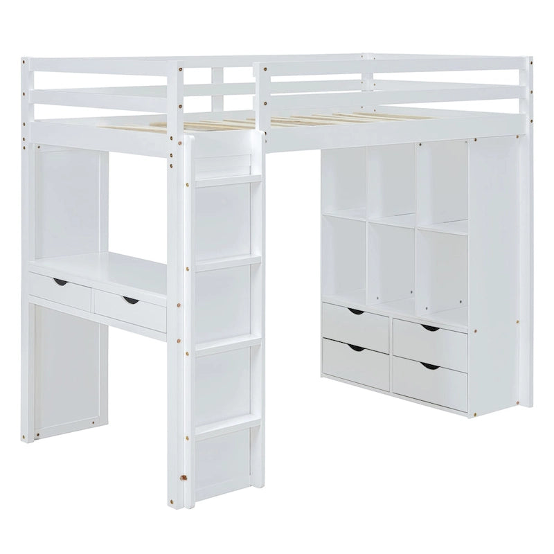 Full Size Loft Bed with large shelves, writing desk and LED Light, Gray