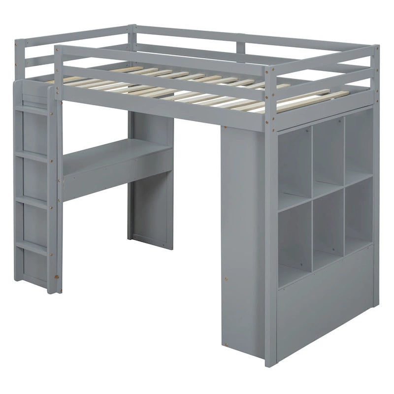 Full Size Loft Bed with large shelves, writing desk and LED Light, Gray