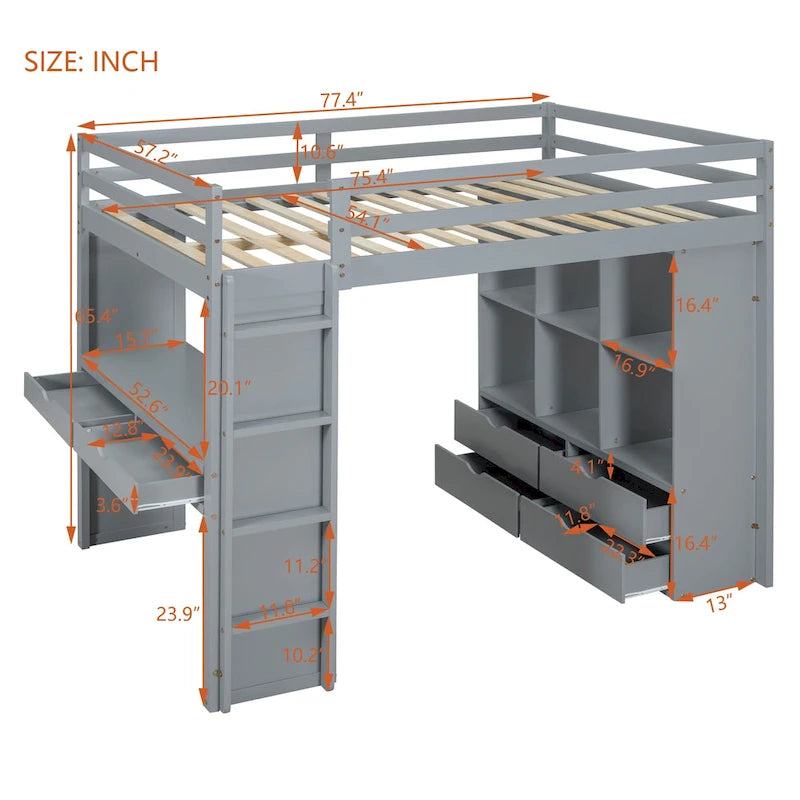 Full Size Loft Bed with large shelves, writing desk and LED Light, Gray