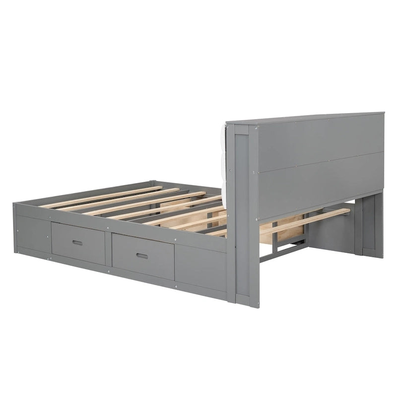 Wood Queen Size Platform Bed with Storage Headboard, shoe rack and 4 drawers,Espresso