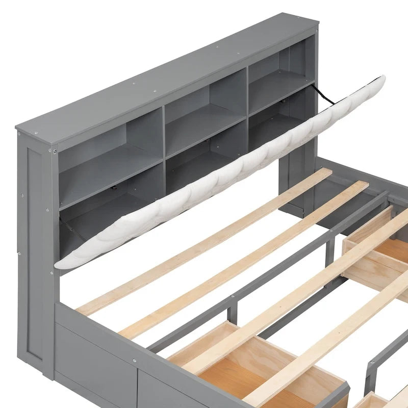 Wood Queen Size Platform Bed with Storage Headboard, shoe rack and 4 drawers,Espresso