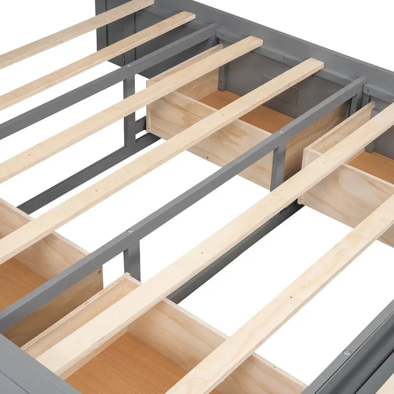Wood Queen Size Platform Bed with Storage Headboard, shoe rack and 4 drawers,Espresso