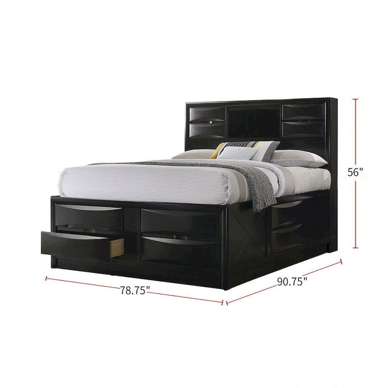 Wood Bed with Storage Drawers in Black
