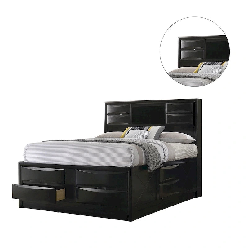 Wood Bed with Storage Drawers in Black
