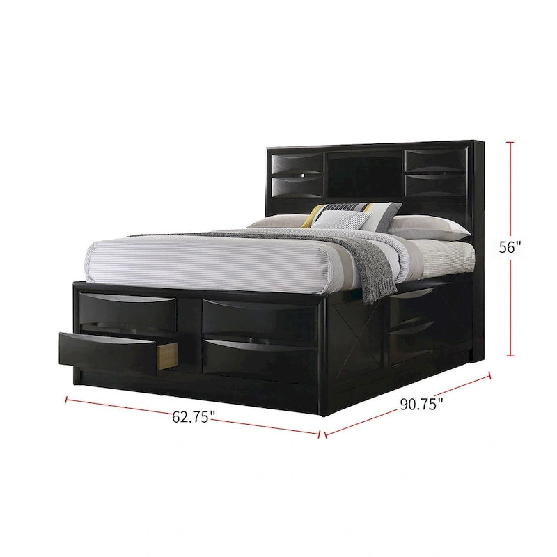 Wood Bed with Storage Drawers in Black