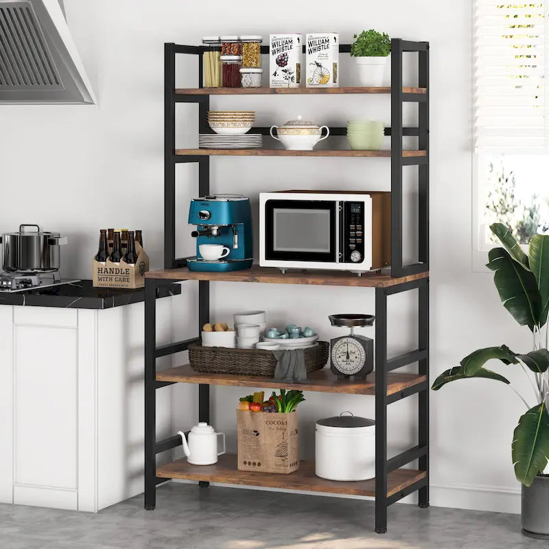 Brown/ Black 5-Tier Industrial Kitchen Bakers Rack Microwave Stand with Hutch,White Modern Kitchen Utility Storage Shelf