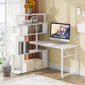 Brown/ Black Rotating L-Shaped Computer Desk, Corner Home Office Desk with Storage Shelf