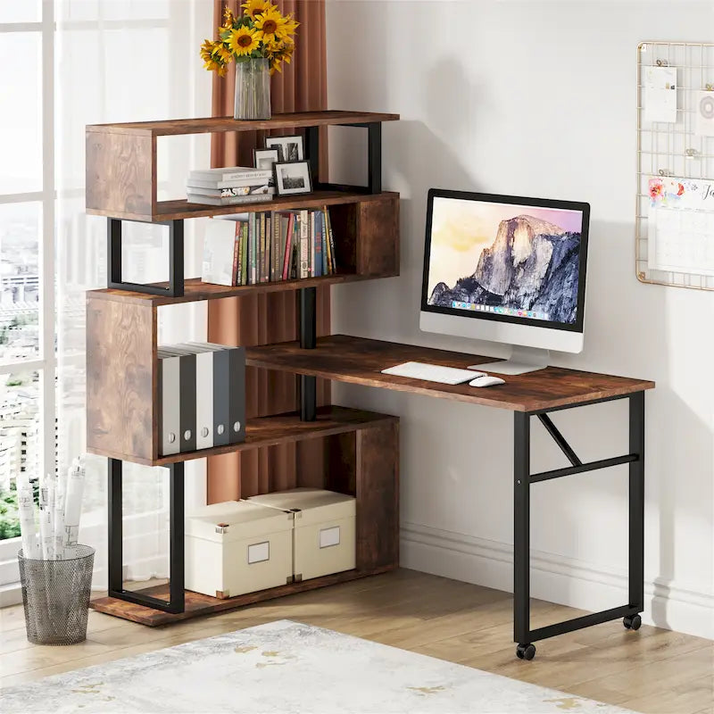 Brown/ Black Rotating L-Shaped Computer Desk, Corner Home Office Desk with Storage Shelf
