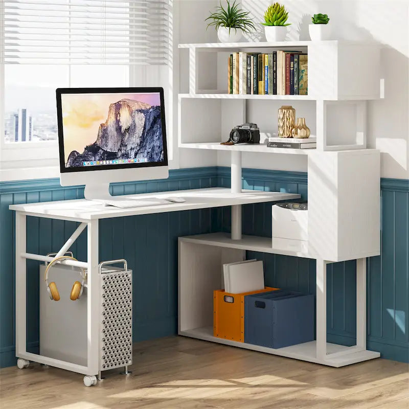 Brown/ Black Rotating L-Shaped Computer Desk, Corner Home Office Desk with Storage Shelf