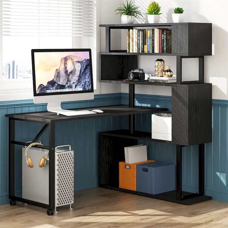 Brown/ Black Rotating L-Shaped Computer Desk, Corner Home Office Desk with Storage Shelf
