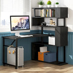 Brown/ Black Rotating L-Shaped Computer Desk, Corner Home Office Desk with Storage Shelf