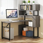 Brown/ Black Rotating L-Shaped Computer Desk, Corner Home Office Desk with Storage Shelf
