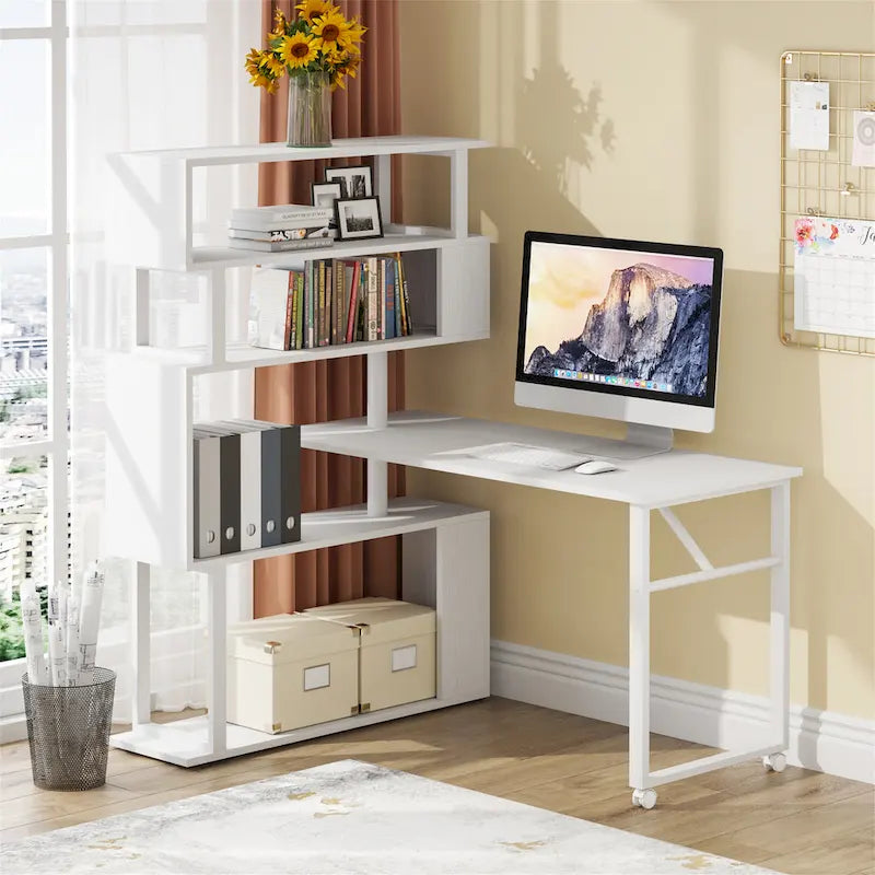 Brown/ Black Rotating L-Shaped Computer Desk, Corner Home Office Desk with Storage Shelf