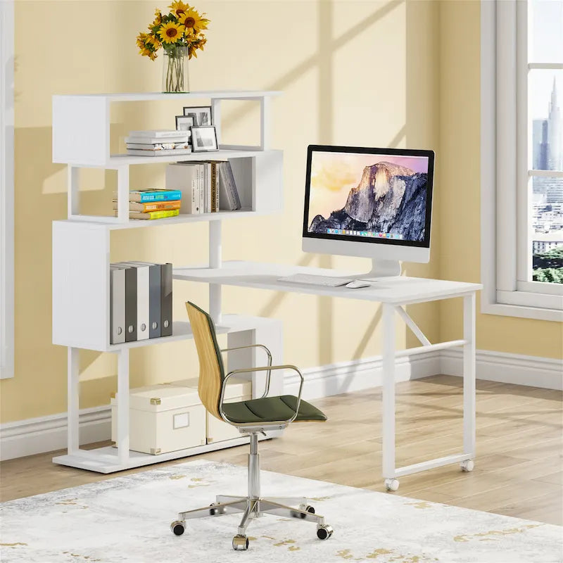 Brown/ Black Rotating L-Shaped Computer Desk, Corner Home Office Desk with Storage Shelf