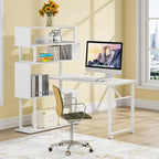 Brown/ Black Rotating L-Shaped Computer Desk, Corner Home Office Desk with Storage Shelf