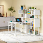 Brown/ Black Rotating L-Shaped Computer Desk, Corner Home Office Desk with Storage Shelf